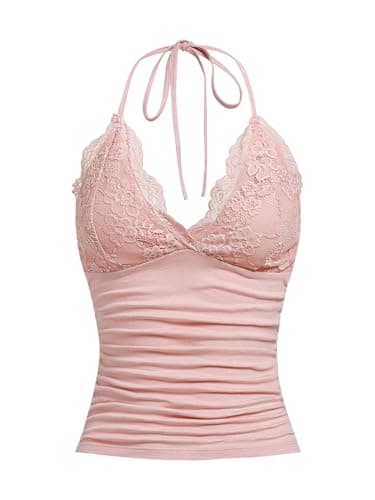 Image of GORGLITTER Women's Lace Deep V Neck Ruched Halter Tops Tie Backless Sexy Skinny Party Tops Dusty Pink X-Small