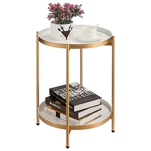 Image of HollyHOME Round Side Table Living Room Small Metal Coffee Table for Balcony Patio 2 Tier Tray End Table Nightstand for Bedroom, Gold & White