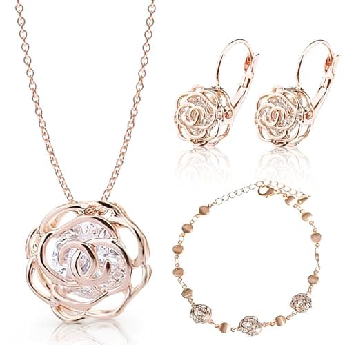 Image of Crystalline Azuria Women 18 ct Rose Gold Plated White Crystal Roses Flower Set Necklace Earrings Bracelet for Women Wedding Party Bridal Bridesmaid Accessories