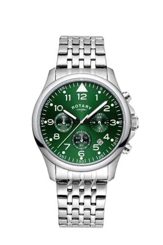 Image of Rotary Mens Chronograph Analogue Quartz Watch with Green Dial and Silver Stainless Steel Bracelet GB00475/56