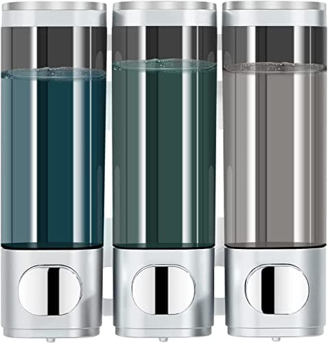 Image of modunful Shampoo and Conditioner Dispenser, Shower Dispenser 3 Chamber No Drill Shampoo Dispenser for Shower Wall Mounted Conditioner Body Wash Liquid Soap for Bathroom,Large Capacity,Silver
