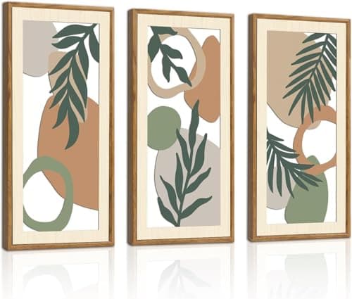 Image of HPNIUB Framed Sage Green Wall Art Set of 3 Green Abstract Wood Wall Decor Boho Plant Neutral Wall Art Geometric Aesthetic Botanical Decorations for Living Room Bedroom Office 20x40cm