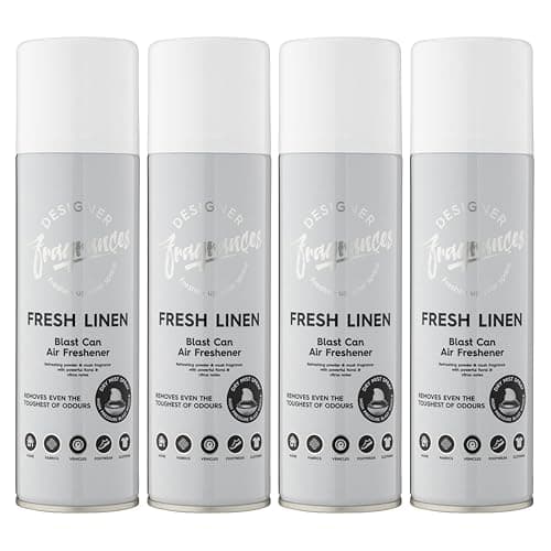 Image of Designer Fragrances 4 Pack Fresh Linen Air Freshener Blast Cans - For Home & Vehicles – Natural Oils, Luxury Lasting Smell, Dry Mist Quick Release Spray – Deodorise & Neutralise Odours – 300ml