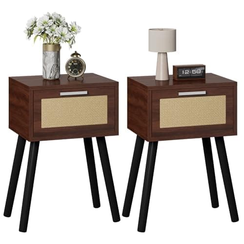 Image of YMYNY Nightstand Set of 2, End Table, Small Bedside Table, Handmade Rattan Decorated Drawer, Solid Wood Legs, 35×27×53cm, Modern Side Table for Bedroom, Living Room, Walnut HST010LW-2