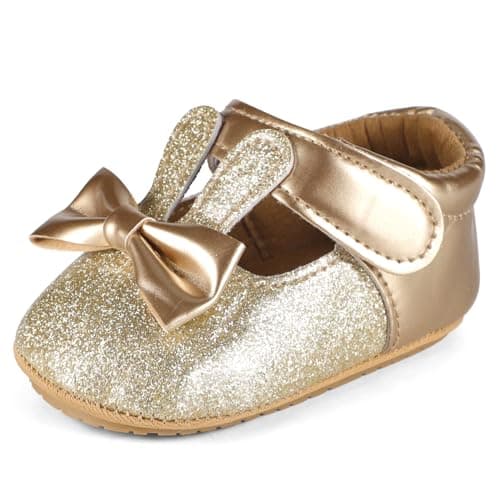 Image of LACOFIA Baby Girls First Walking Shoes Infant Anti-Slip T-Bar Bowknot Prewalkers Gold 6-12 Months