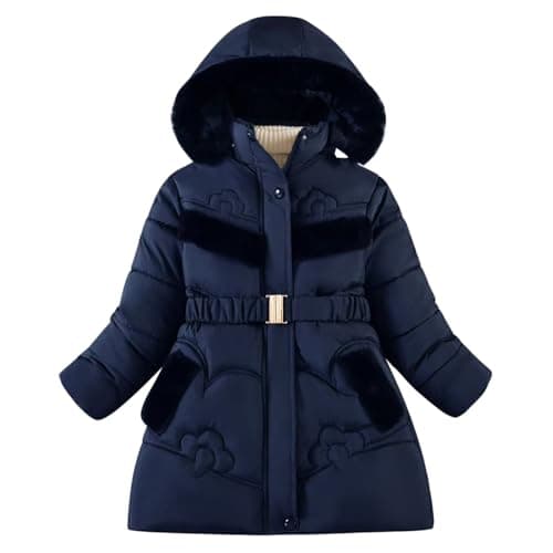 Image of semen Kids Girls Winter Warm Fleece Lined Faux Fur Hooded Jackets Full Zip Up Outerwear School Dress Coats with Belt for Age 5-12 Years