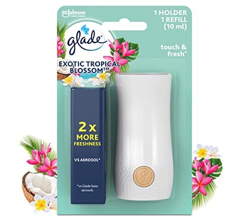 Image of Glade Touch & Fresh Air Freshener Holder and Refill, Touch Activated Odour Eliminator for Bathroom & Home, Tropical Blossoms, 1 Starter Kit, (1 x Holder and 1 x 10ml Refill)