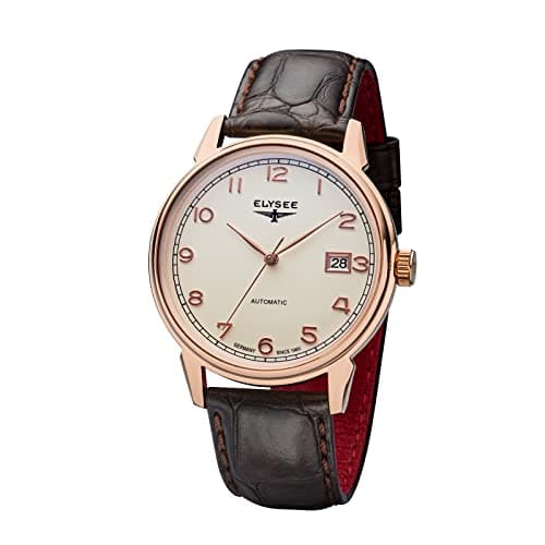Image of Elysee Vintage Master Automatic Men's Watch with Leather Strap, Date Display, Automatic Watch, Rose Gold, Strap.