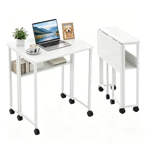 Image of Aptliton Folding Desks,Computer Desk on Wheels,Small Table with Storage Shelf,Space Saving Office Desk for Home Office Bedroom Writing Study,Easy Assembly,White,50D x 63W x 75H