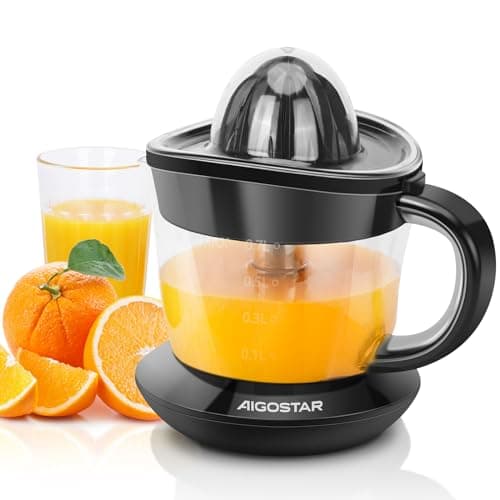 Image of Aigostar Orange Juicer Electric Citrus Juicer, 700ml Bowl with Scale, 2 Citrus Cones, Tow Way Rotation, Filter, Lemon Juicer for Orange Lime Lemon Grapefruit, Black - Percy 30AQ0