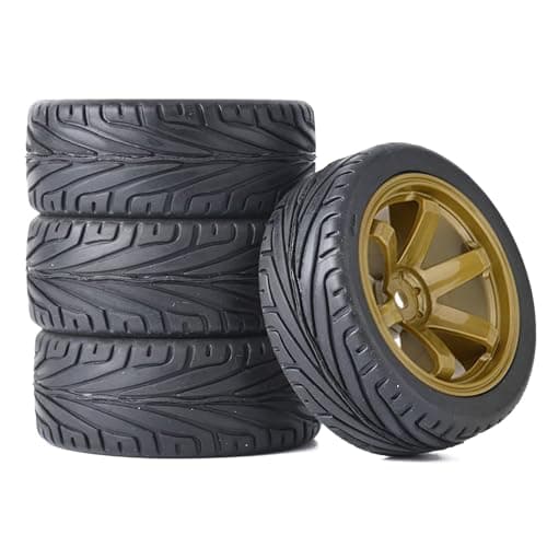 Image of KINGCOO 4PCS 1:10 RC Car Tyre 65mm Rubber Tires and Plastic Wheel Rims for 1/10 On-Road Racing Touring Drift Car Spare Parts for HSP Tamiya HPI Kyosho (Gold)