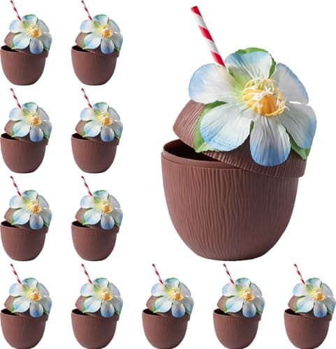 Image of THE TWIDDLERS 12 Reusable Plastic Coconut Cups with Flowers for Decoration & Paper Straws - Cocktail Glasses for Garden, Pool & Beach Parties - Tiki Bar, Hawaiian-Themed Luau Party, Tropical Wedding