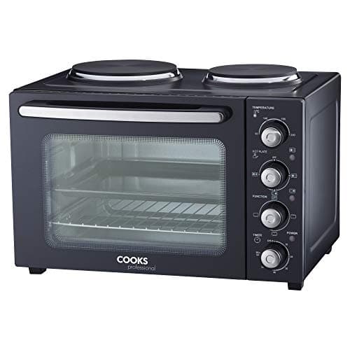 Image of Cooks Professional Mini Portable Oven with Hobs | Energy Efficient Electric Countertop Cooker with Two Hot Plate Hobs & Wire Rack Baking Tray | Kitchen Table Ovens | 34L Capacity | Black and Silver