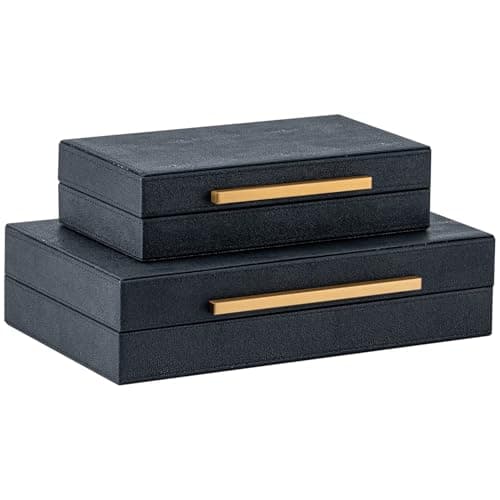 Image of Set of 2 Black Shagreen Storage Boxes with Gold Metal Handles – Faux Leather Jewelry Organizer, Nesting Decorative Box for Photos, Memory Keepsake, Home & Office Decor