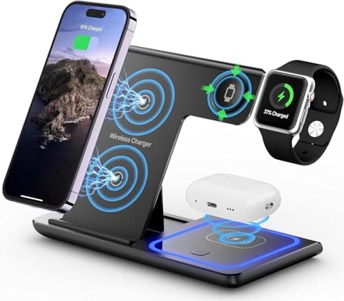 Image of 3 in 1 Wireless Charger Charging Station, Wireless Charger Stand for iPhone17 16 15 14 Pro Max 13 12 11,Charging Dock for AirPods 4 3 2 Pro, Apple Watch 11/10/9/Ultra/8/SE/7/6/5/4/3