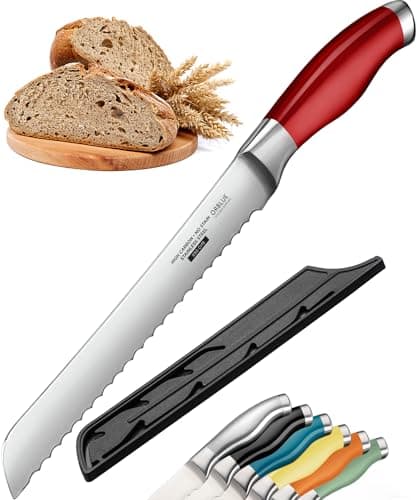 Image of Orblue Serrated Bread Knife Ultra-Sharp Stainless Steel Professional Grade Bread Cutter - Cuts Thick Loaves Effortlessly - (8-Inch Blade with 4.9-Inch Handle), Red