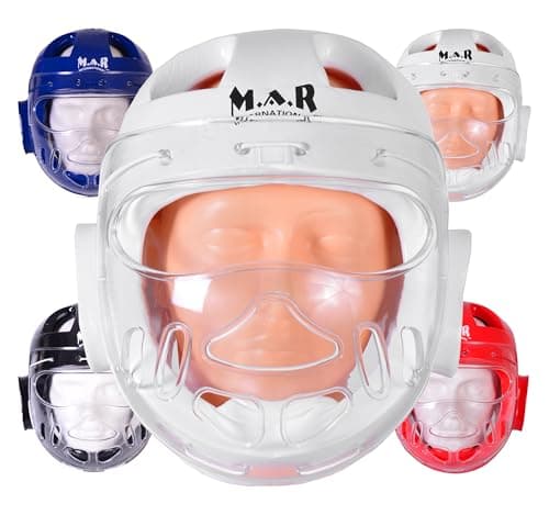 Image of WKF Blue Karate Inspired Head Guard with Face Mask Protector | Taekwondo Face Shield | Martial Arts Headgear for Kids & Adults | Karate, Kickboxing, Boxing Sparring Head Guard (Small)