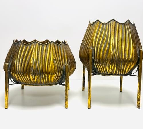 Image of My Square Mile Gold Plant Pot Stand On Legs, Indoor Vintage Planer Cachepot (Tall Height 38cm, Width 27cm Pot Opening 20cm)