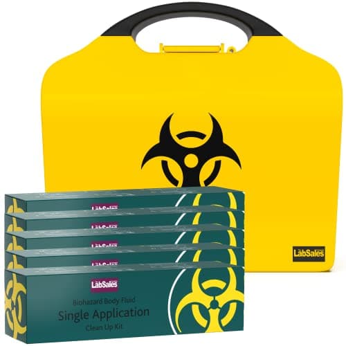 Image of Labsales Wall Mountable Biohazard Spill Clean up kit, Body Fluid Emergency Kit for Vomit, Blood, Sick Urine and Mucus, Bright Stand Out Case Made from 100% Recycled Plastic, Case of 5 Kits