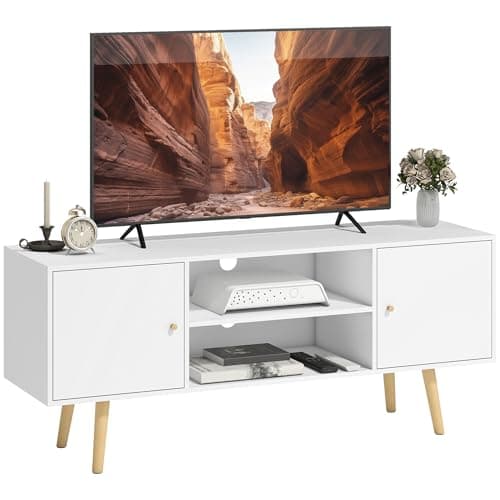 Image of HOMCOM TV Stand Cabinet up to 55 Inches, TV Unit with Storage Shelves and Wood Legs for Living Room, Bedroom, White