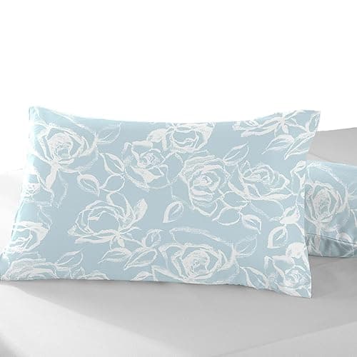 Image of Pizuna Cotton Simply Floral Blue Printed Pillowcases 2 Pack 48x74, 400 Thread Count 100% Long Staple Cotton Pillow Cover, Sateen Standard Housewife PillowCase (Marble Printed Pillow Cases 2 Pack)