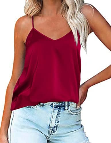 Image of Ekouaer Womens Silk Satin Tank Top V Neck Basic Camisole Adjustable Straps Cami Tops L Red