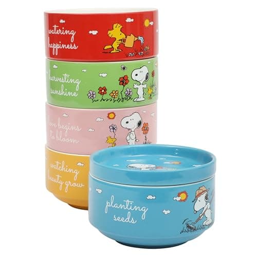 Image of Peanuts Snoopy 6 Pack Stackable 5.5" Decorated Stoneware Bowl Set W/Plate