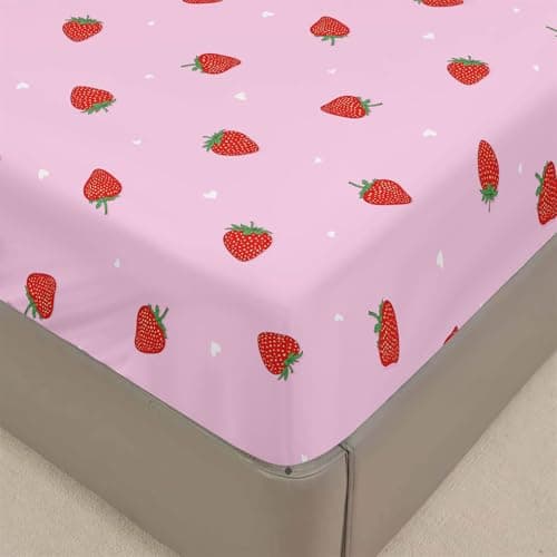Image of Chickwin Fitted Sheets Bedding Sheets, Print Double King Single Size Bed for Deep Pocket 30cm - Shrinkage Fade Resistant Easy Care (Single,pink strawberry)