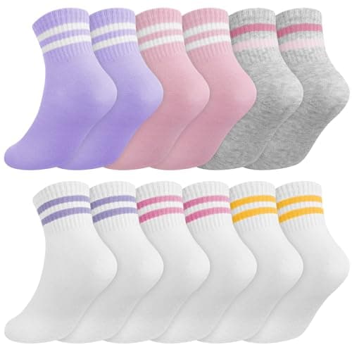 Image of Zuimei 6 Pairs Kids Socks Girls Cotton Junior School Socks, Striped Sports Crew Sock Soft Breathable Children Athletic Sock for Girls 6-9 Years, Stripe