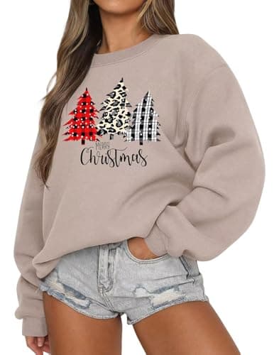 Image of LACOZY Women Christmas Sweatshirt Long Sleeve Crewneck Santa Christmas Pullover Sweater Holiday Party Graphic Sweatshirts Grey XL