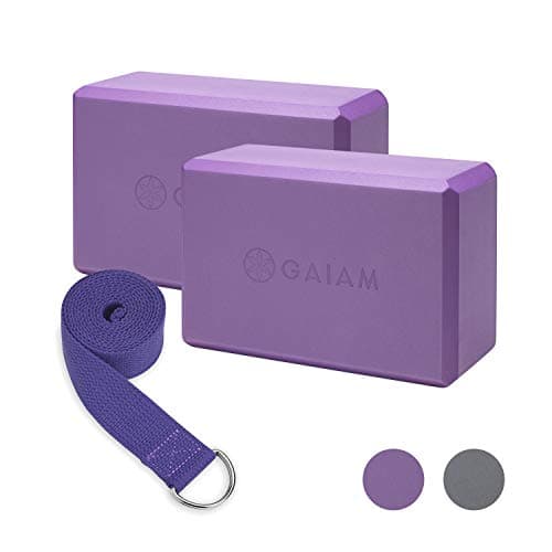 Image of Gaiam Essentials Unisex-Adult Yoga Block 2-Pack & Strap Set, Deep Purple, 9" W x 6" H x 4" D