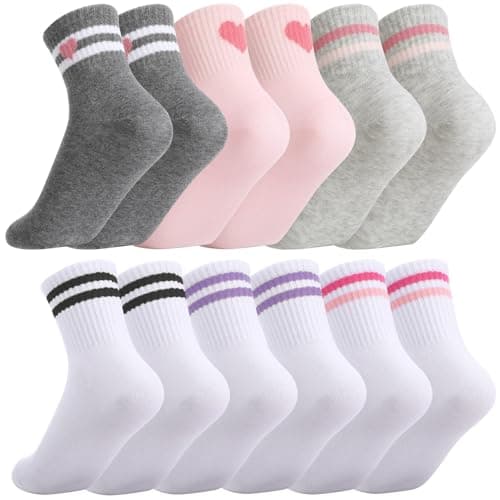Image of Zuimei 6 Pairs Kids Socks Junior Cotton School Sports Socks, Crew Athletic Sock with Retro Stripes Hearts, Casual Stretchy Sock for Girls and Boys 9-12 Years(Hearts Stripe)