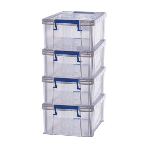 Image of BANKERS BOX 4x 10L Plastic Storage Boxes with Lids. ProStore Super Strong Stackable Plastic Storage Boxes (14 x 34 x 21.5cm), Made in the UK, Clear