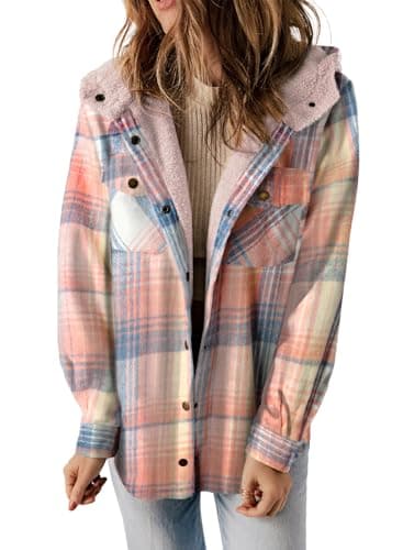 Image of Dokotoo Women's Jackets Plaid Hooded Long Sleeve Button Down Ladies Chunky Cardigans Coat Winter Jacket for Women Fashion Shacket Warm Fuzzy Fleece Womens Coats Pink 2XL