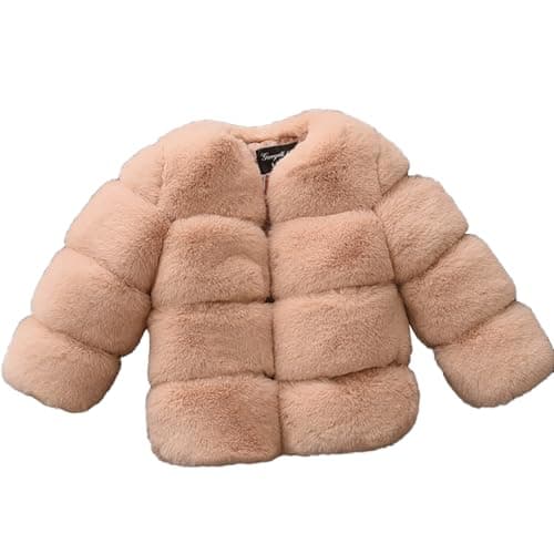Image of Kids Faux Fur Coat Fluffy Fleece Fuzzy Long Sleeve Cozy Toddler Winter Jacket Girls Thermal Heavy Christmas Clothes (Khaki, 5-6 Years)