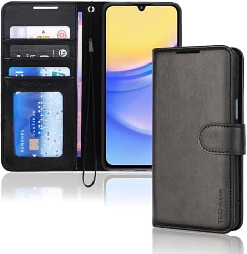 Image of TECHGEAR Wallet Case Compatible with Samsung Galaxy A15 5G / 4G Phone, Flip Protective Case Cover [RFID BLOCKING] with Card Holder, Magnetic Closure, Stand & Wrist Strap - Black PU Leather