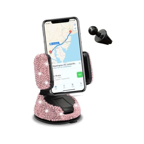 Image of CGEAMDY Universal Bling Car Cell Phone Holder, 360°Adjustable Rhinestone Phone Mount with One More Air Vent Base, Crystal Car Interior Decoration, for Windshield, Dashboard and Air Vent (Pink)