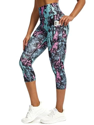 Image of Tuspryt Sports Leggings Women's 3/4 Capri Leggings with Pockets, Sports Trousers Women's 3/4 Opaque Fitness Trousers Running Trousers Women, Colourful print, M