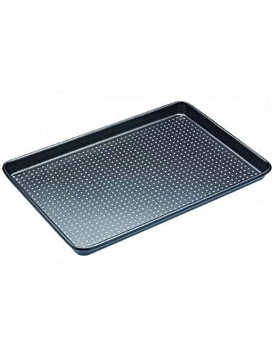 Image of MasterClass Crusty Bake, Baking Tray with PTFE, PFOA and BPA Free Non Stick, Robust 1mm Thick Carbon Steel, Cookie Sheet, Perforated Holes for Ultimate Crisp, Ultra Double Layer, 39x27cm, Grey