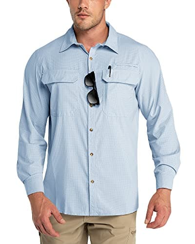 Image of Outdoor Ventures Men's Long Sleeve Shirts UV Protection Outdoor Shirts Breathable Button-Down Shirt Wicking Quick Drying Safari Shirt with Pockets for Hiking Fishing Golfing, Light Blue, S