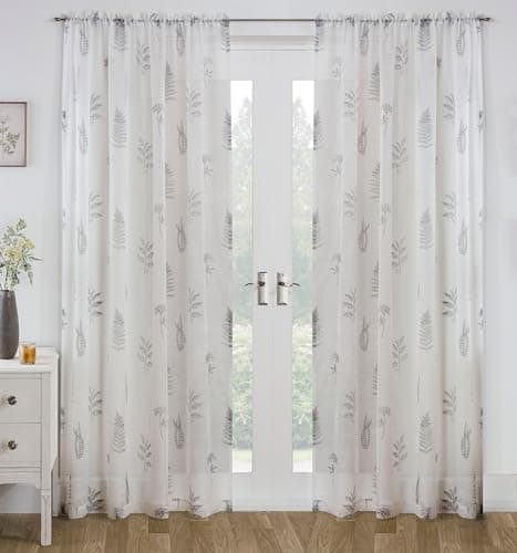 Image of Tyrone Textiles Pair of Bracken Grey Wild Leaf Print Sheer Voile Panels with Sequins 122 CMS