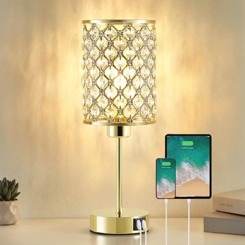 Image of GyroVu Crystal Table Lamp, Gold Lamp for Bedside with USB C+A Ports, Touch Dimmable with Crystal Shade for Bedroom, Living Room(Bulb Included)