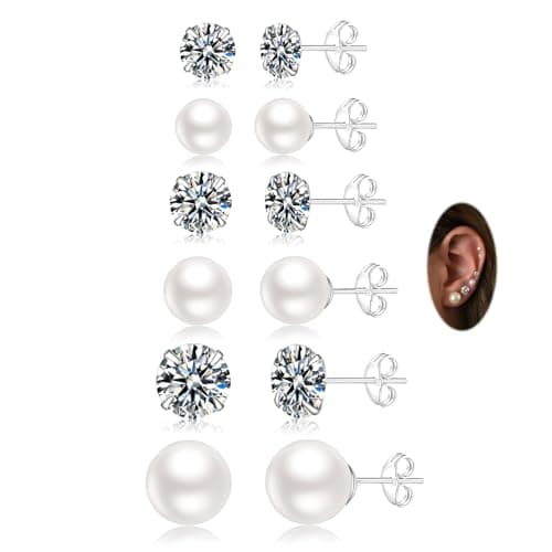 Image of Senteria 6 Pairs Silver Stud Earrings for Women Hypoallergenic 925 Sterling Silver Stud Earrings Small Pearl Zirconia Studs Earring for Women Sleeper Silver Studs Earring for Multiple Piercing 3-8MM