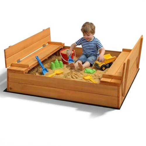 Image of LALAHO Wooden Sand Pit with Lid, Outdoor Playhouse Foldable Sandbox Cover for Kids with 2 Benches Includes Ground Mat & Corner Protectors, 120×120 cm Fun Sandpits Outdoor Toy for Children