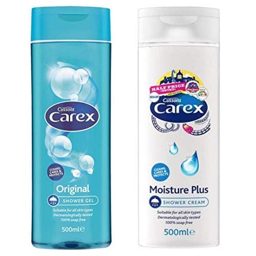 Image of Carex Original Shower Gel and Moisture Plus Shower Cream LARGE Bottles 2 x 500ml. Suitable for all skin types. Cleans, Cares and Protects.