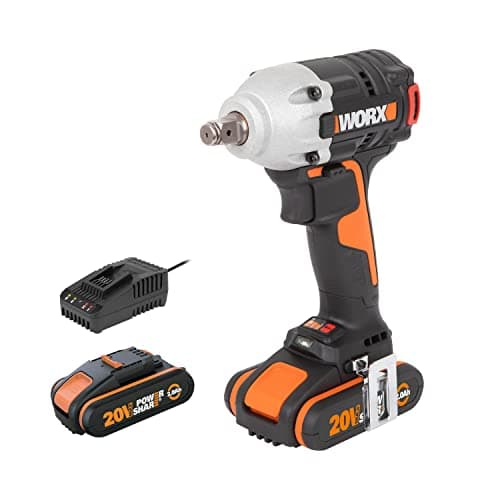Image of WORX 20V WX272 Cordless Impact Wrench, Max Torque, 300 Nm, 3 Speed, Brushless Motor, Compact and Lightweight, with Hook and Screw End, with 2 x 2Ah Batteries and Fast Charger