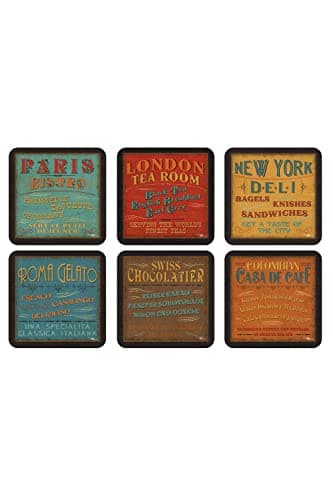 Image of Pimpernel Set of 6 Retro Lunchtime Coasters - Cork-Backed Drink Coasters with Heat Resistance and Stain Protection, Suitable for Tea, Coffee, and Everyday Use, 10.5 x 10.5cm