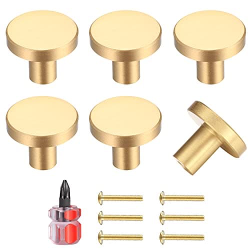 Image of Yibaijia 6 Pcs Round Cabinet Knobs, Gold Brass Drawer Knobs, Door Kitchen Hardware Cupboard Knob, Stainless Steel Single Hole Handle with Screws for Home Decorating, Cupboard, Wardrobe (20mmx25mm)