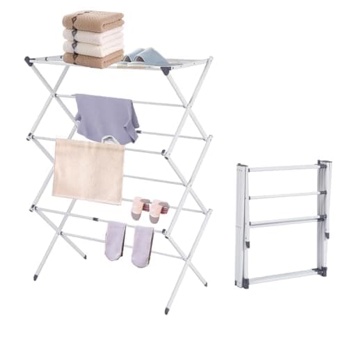 Image of Vivo Technologies 3 Tier Extendable Clothes Airer, Foldable Compact Clothes Drying Rack with 11 Thickened Poles Clothes Dryer Space Saving Laundry Airer Indoor Outdoor Clothes Horse, White