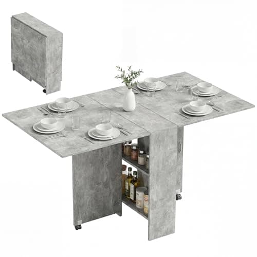Image of HOMCOM 80-140 cm Folding Dining Table for 4-6 People, Drop Leaf Table with 2-Tier Shelves, Rolling Casters, for Small Spaces, Kitchen, Flat, Dining Room, Cement Grey